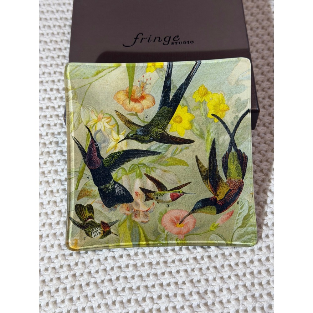 Fringe Studio Hummingbird Glass Trinket Tray Square Botanical Bird Dish with Box
